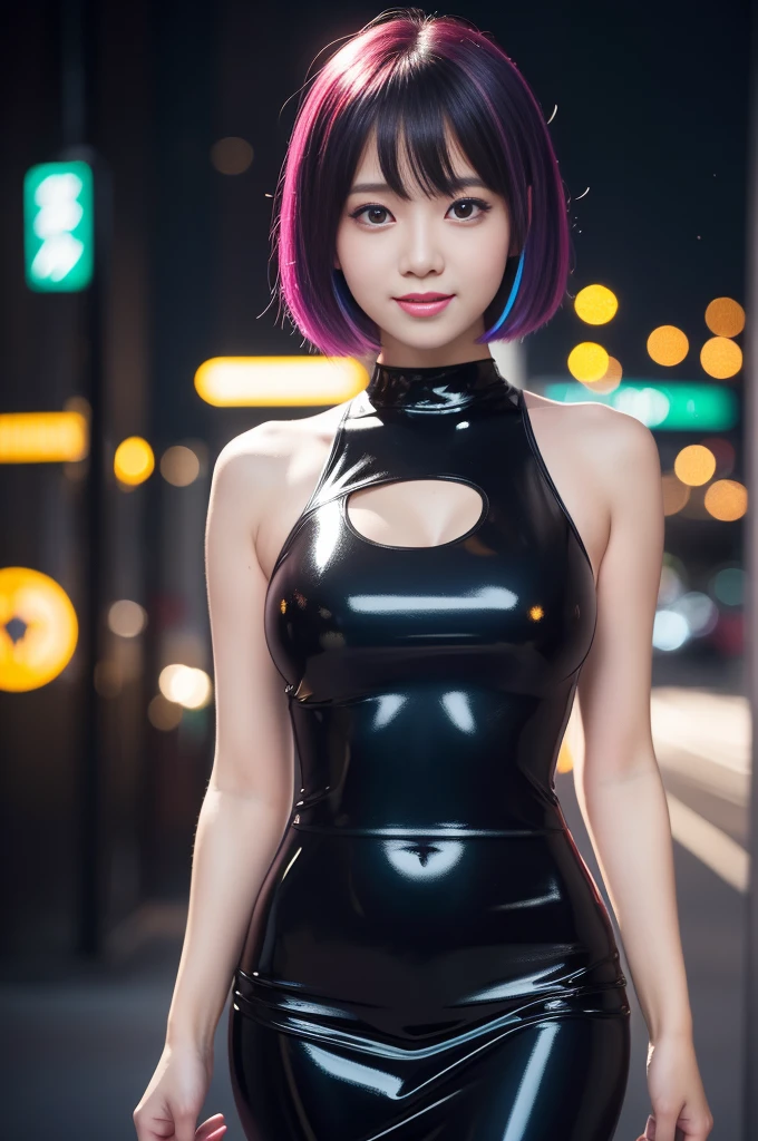 female idol、nude lip gloss、smiling face、defined brows、smoky eyshadow、dramatic lashes、radiant skin、contoured cheekbones、full body Esbian、shiny very large earrings(neon indigo)、shiny very large necklace(neon indigo)、(shiny glossy long fingerless latex gloves(neon indigo))、(shiny glossy latex tight bra(neon indigo))、(shiny glossy latex tight hot pant(neon indigo))、clutch(neon indigo)、((multicolor short hair(neon indigo)))、long white fluffy fur coat with white fluffy fur(bright white)、conceptual art, High quality, Realistic, extremely detailed CG unified 8k wallpaper, highly detailed, High-definition raw color photos, professional photography, Realistic portrait, Cinematic Light, Beautiful detailed, Super Detail, high details, (((Bokeh))), depth of fields, illumination, Neon Street, Super stylish lighting