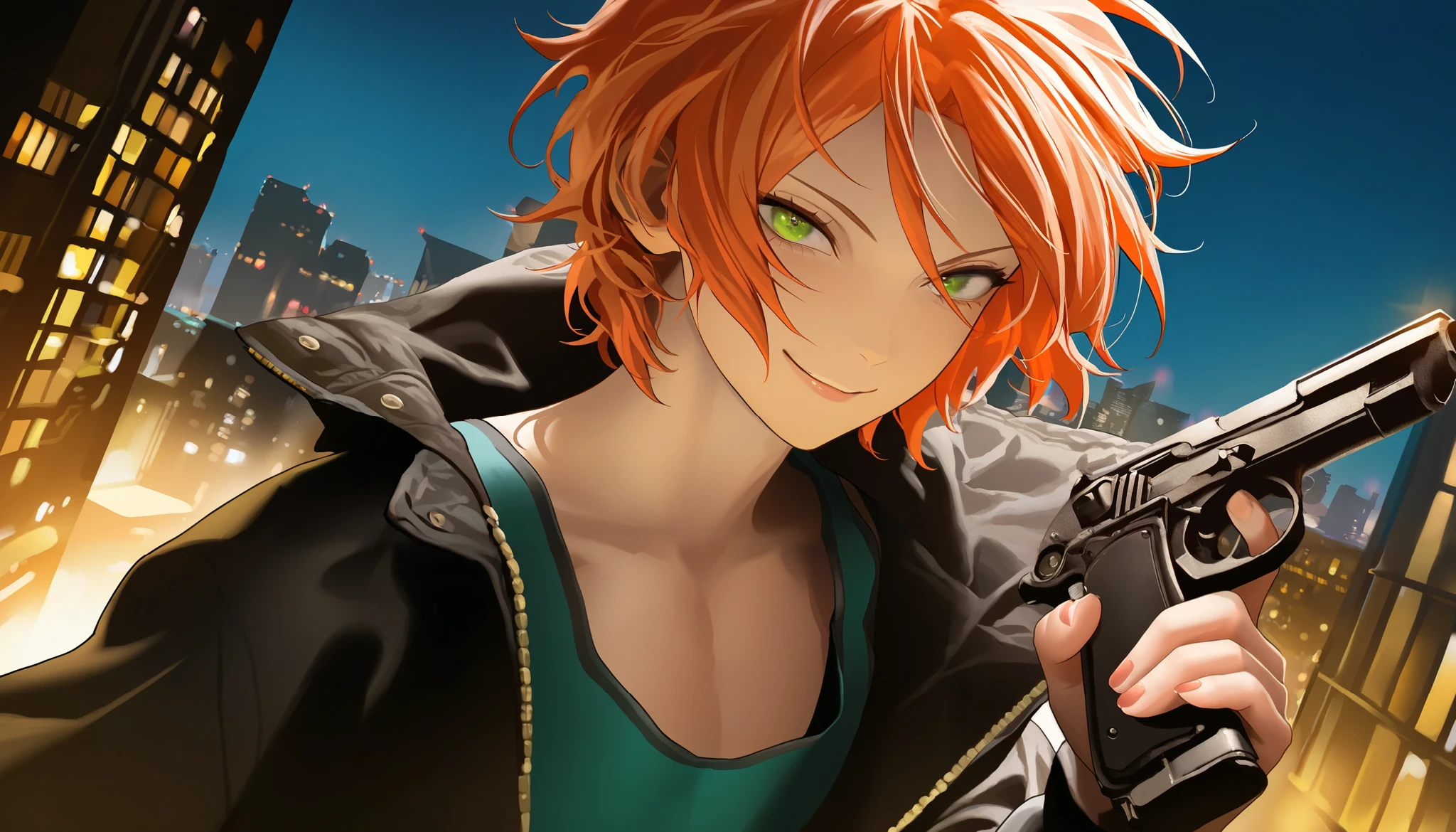 masterpiece, best quality, very aesthetic, absurdres, 1boy, aoi yuta, ensemble stars!, orange short hair, solo, smile, green eyes, tank top, jacket, city street on the background, cyberpunked, gun in hand, night, beautiful detailed eyes, beautiful detailed lips, extremely detailed eyes and face, 4k, 8k, highres, realistic, photorealistic, ultra-detailed, sharp focus, vivid colors, studio lighting, physically-based rendering, professional, tokyo