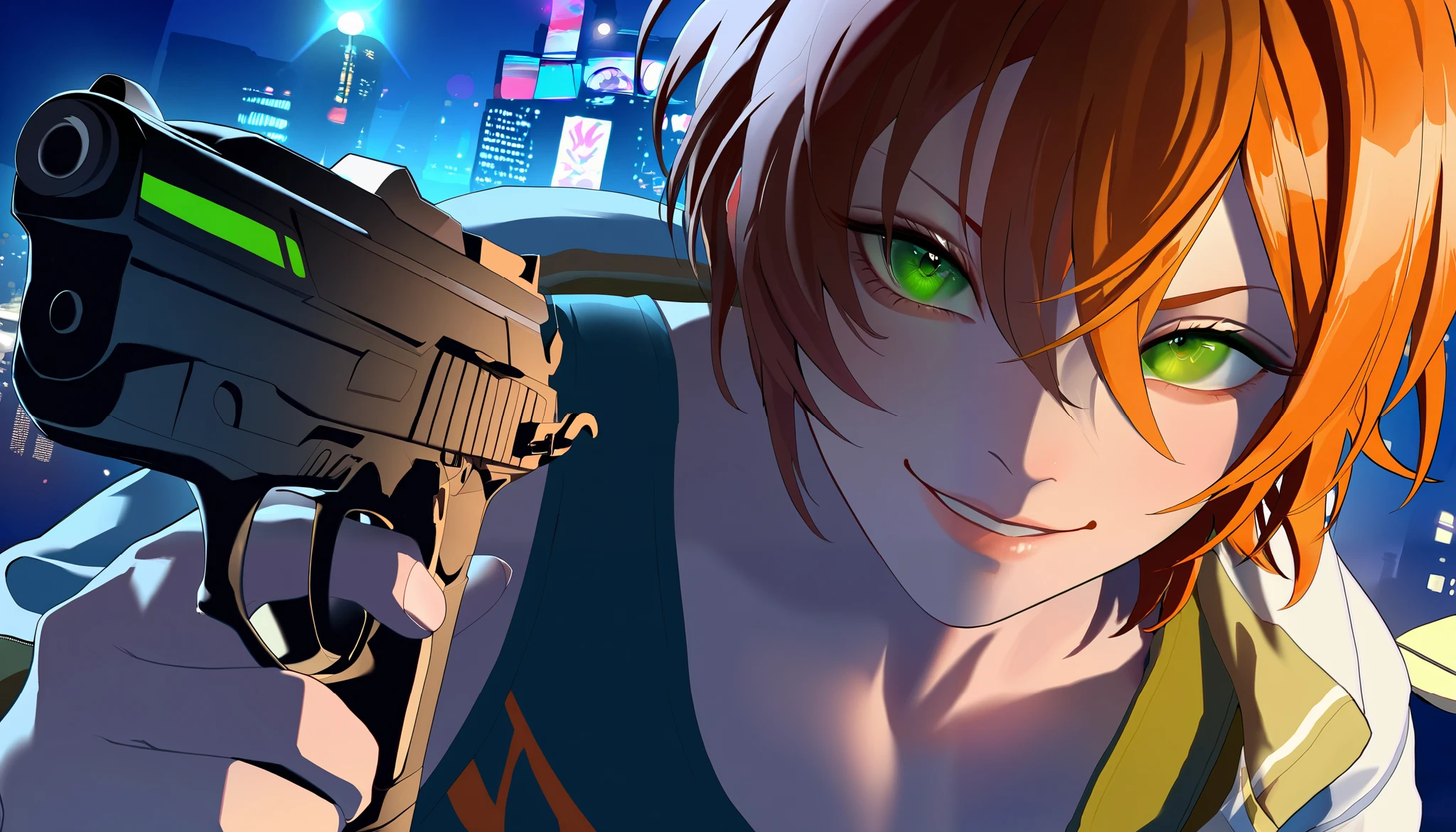 masterpiece, best quality, very aesthetic, absurdres, 1boy, aoi yuta, ensemble stars!, orange short hair, solo, smile, green eyes, tank top, jacket, city street on the background, cyberpunked, gun in hand, night, beautiful detailed eyes, beautiful detailed lips, extremely detailed eyes and face, 4k, 8k, highres, realistic, photorealistic, ultra-detailed, sharp focus, vivid colors, studio lighting, physically-based rendering, professional, tokyo