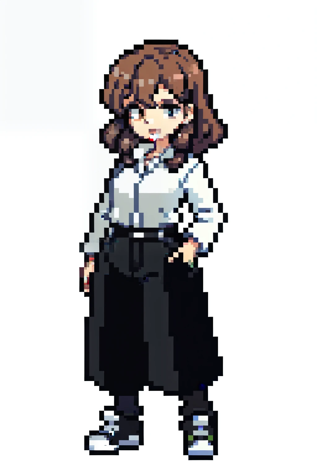 pixel art of a woman, full length, short copper hair, very curly hair, black wide trousers, white blouse, converse, white background