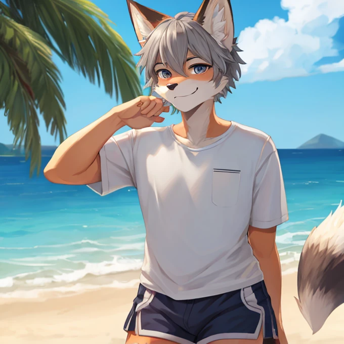 1boy,Shota,(high-definition quality,Masterpiece level),Fresh and cold boy character,Wolf ears、Wolf Tail highlights the sense of belonging to the character,Heterochromatic eyes and the color of light blue hair echo each other,with clean lines,Show the modesty and confidence of the character,tmasterpiece, lightblue hair, Heterochromic eyes,(Wolf ears),(Wolf tail),One tail,A young boy with,Have by the sea,Light swimwear jacket,musculature,Lean body type,laughing very happily,Dull hair,Brown pick dye,Four-corner swimming trunks,with fair skin