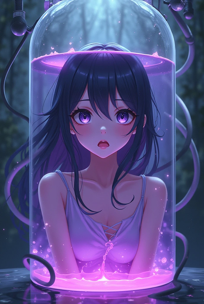 illustration, cinematic light, highres, highest quallity, ultra detailed, detailed face, (detailed eyes), best quality, hyper detailed, masterpiece, (detailed face), clean face, sexy mature woman wears transparent (torn) cloths, floating cloth, see through, choker, open cloths, nsfw, high heels, red eyes, neon tiny glowing hair ends, dark fantasy forest, glowing plants with neon details, dark magic sword, (portal:1.15) to the underworld in the background, light reflection, heart shaped iris, playful eyes, open shoulder, rain, (wet body), tiny glowing butterfly, hair jewery