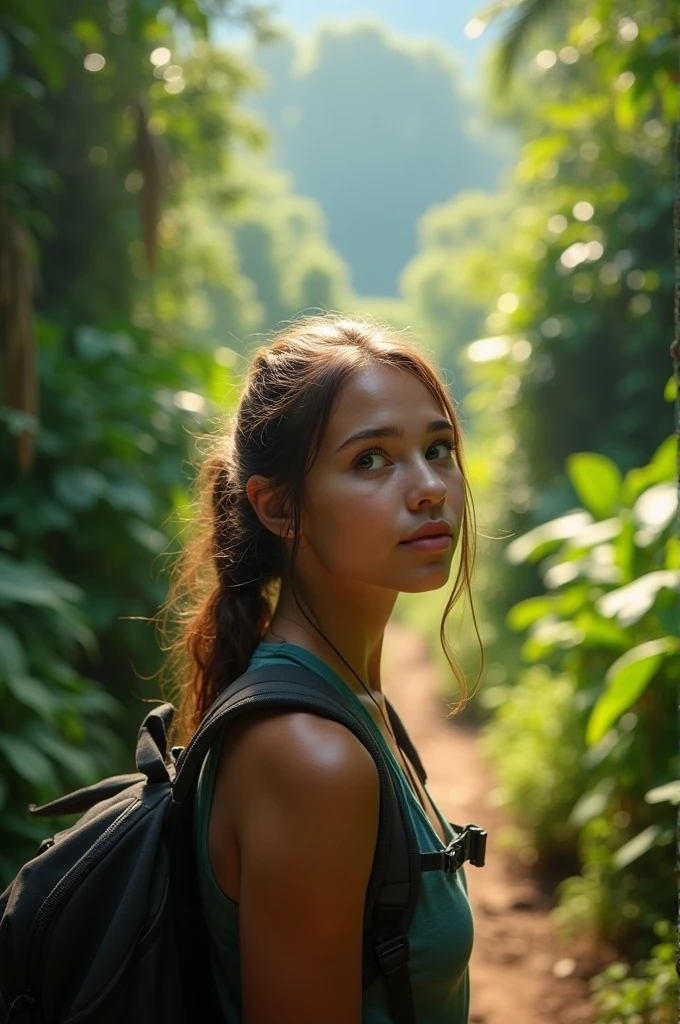 A close-up of EVA, a young woman with an excited expression, standing at the edge of a jungle trail. She holds a backpack, looking eagerly at the vast wilderness ahead. The scene captures her sense of wonder, with sunlight filtering through the dense jungle canopy, highlighting her face and the vibrant greenery around her.
