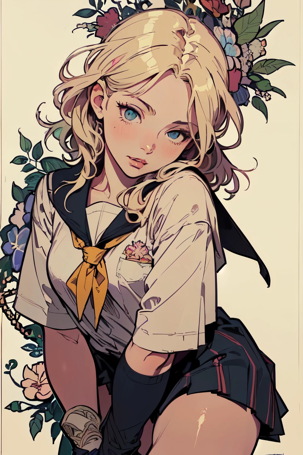 poster, (by mucha:1.2),((art deco,Botanical Art,Floral Art)),(floral:1.2), Depth,
(masterpiece, highest quality),(vibrant colors,colorful),(amazing details,detailed background),anatomically correct,Accurate drawing,Detailed drawing,high-class sense,
break,
a girl, solo:1.5, stomach, (detailed face:1.2),
(School uniform:1.5), (pursed lips), (Beautiful thighs: 1.2),