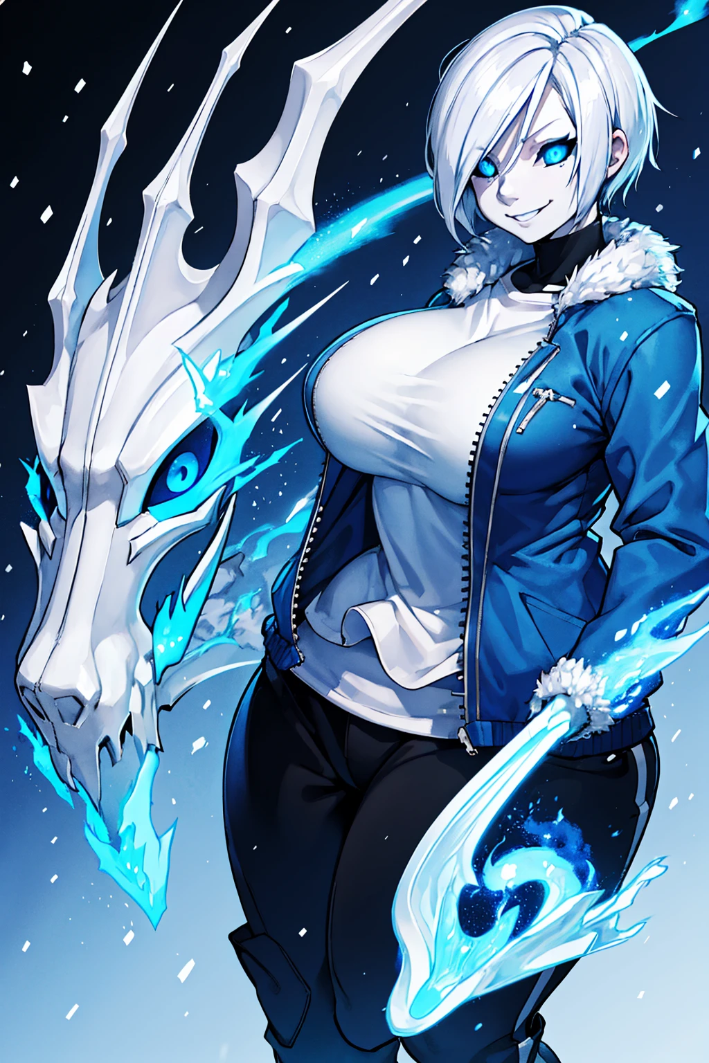 Sans Blue Jacket Black Shirt Fire Eyes Skull Smile Long Lashes White Short Hair Luminous Face Blue Dragon Skull Cannon One Person Standing In Snow Town Femininefull Super huge big breasts breast enlargement full-body shot ultra-detailed, HDR, vibrant colors, soft lighting