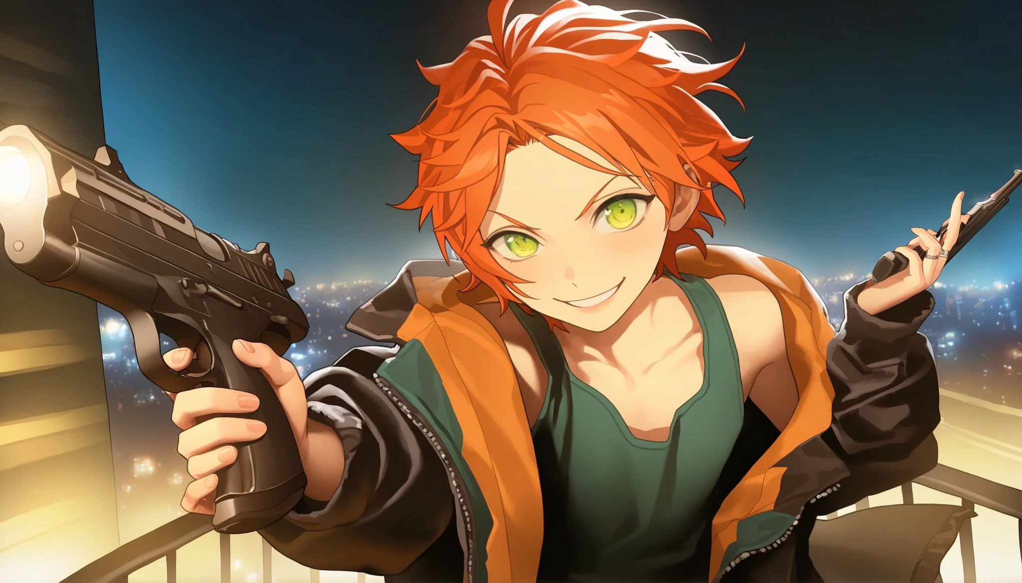 masterpiece, best quality, very aesthetic, absurdres, 1boy, aoi yuta, ensemble stars!, orange short hair, solo, smile, green eyes, tank top, jacket, city street on the background, cyberpunked, gun in hand, night, beautiful detailed eyes, beautiful detailed lips, extremely detailed eyes and face, 4k, 8k, highres, realistic, photorealistic, ultra-detailed, sharp focus, vivid colors, studio lighting, physically-based rendering, professional, tokyo