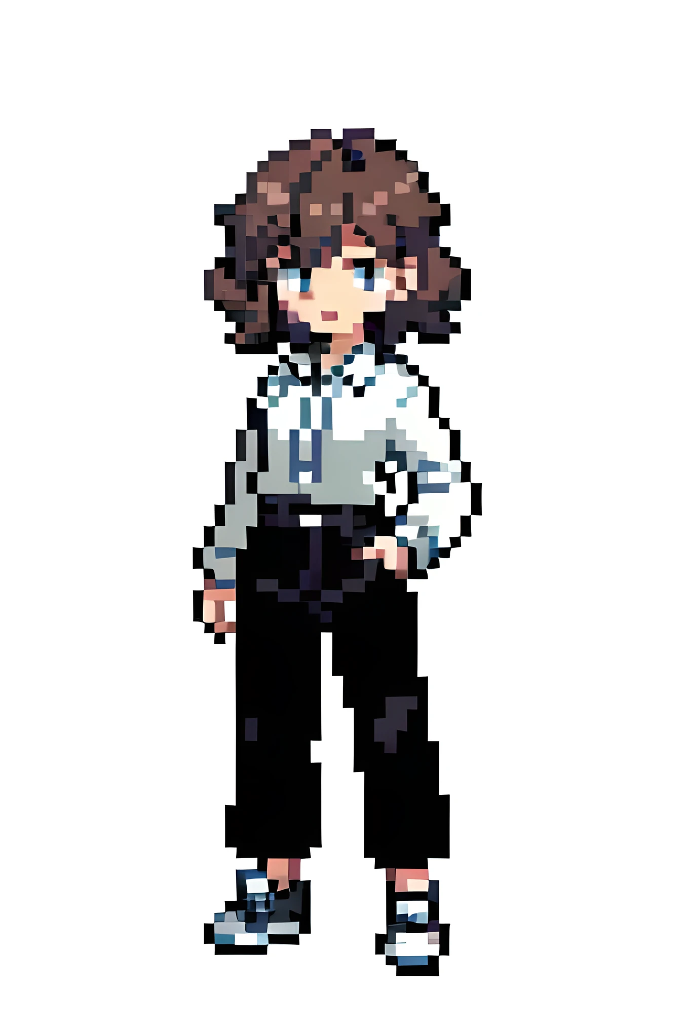 pixel art of a woman, full length, short copper hair, curly floppy haircut, black wide trousers, white blouse, converse, white background