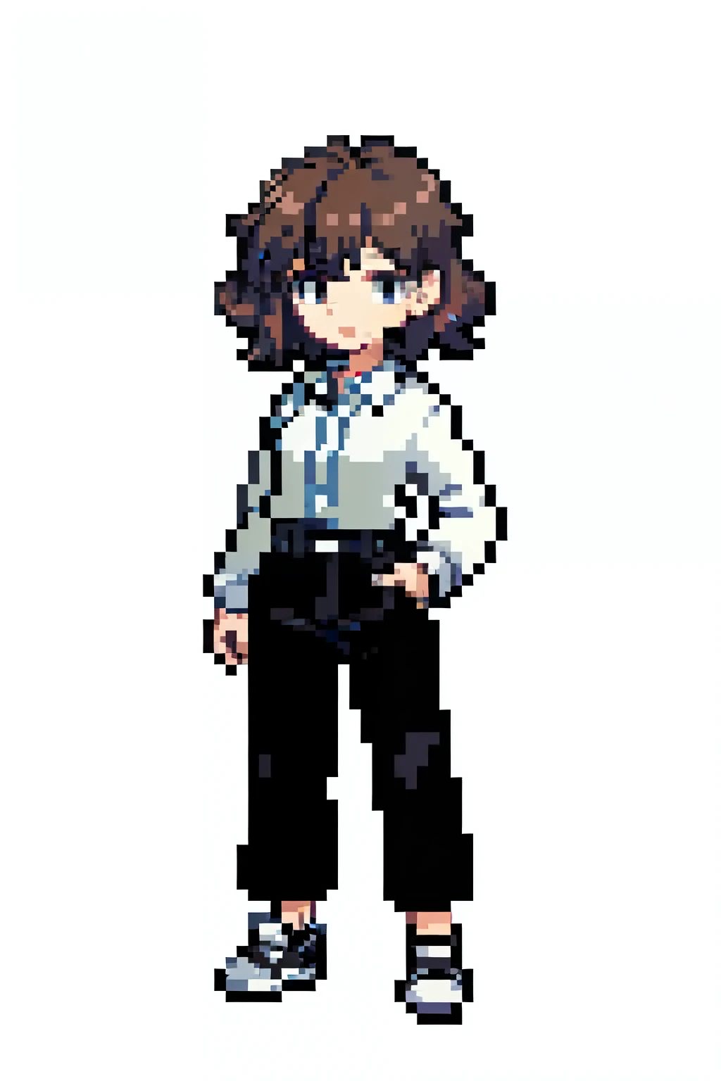 pixel art of a woman, full length, short copper hair, curly floppy haircut, black wide trousers, white blouse, converse, white background