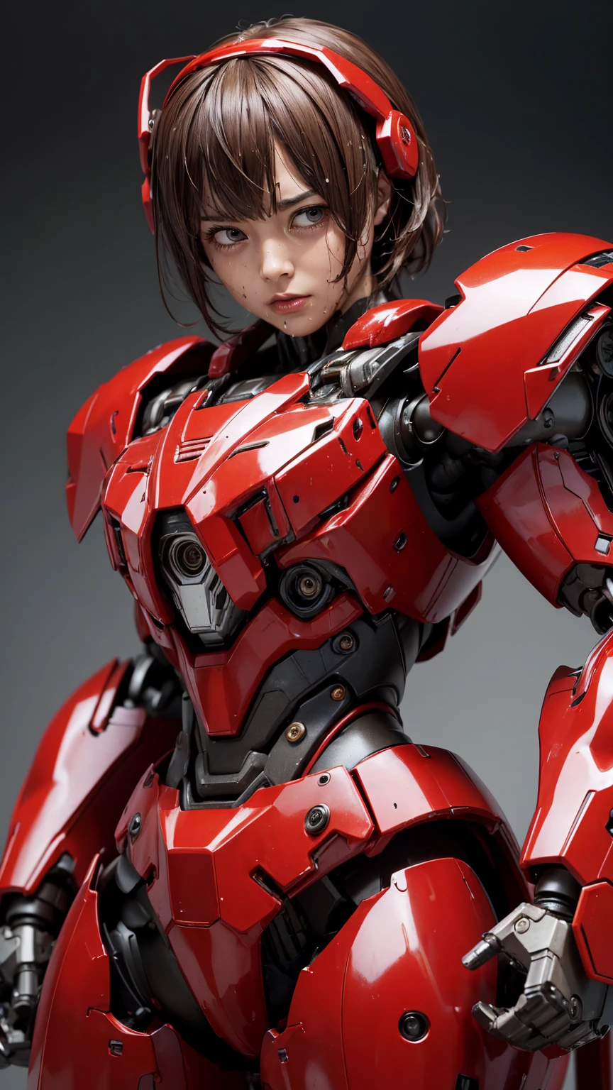 最  high quality非常に  Details,   Details,   high quality, 最  high quality,   kampala, 1080P,  hard disk , beautiful,(War Machine),( tight fit headgear),See the whole picture,beautifulサイボーグ女性, redmecha cyborg  girl holding a robot head with both hands,BATTLE MODE,Mecha Body Girl　8k red body armor 　  girl　Sweaty face　Droopy eyes　  short hair 　 　  boyish  　Steam coming out of my head　  Her Hair Is Wet With Sweat  　Brown Hair,   steam is coming out of the mouth   　   no exposed skin under her face  　(bare hands)   back view 　(( Drenched )) (Does not show skin other than the face)  embarrassed expression