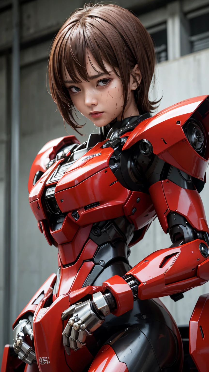 最  high quality非常に  Details,   Details,   high quality, 最  high quality,   kampala, 1080P,  hard disk , beautiful,(War Machine),( tight fit headgear),See the whole picture,beautifulサイボーグ女性, redmecha cyborg  girl holding a robot head with both hands,BATTLE MODE,Mecha Body Girl　8k red body armor 　  girl　Sweaty face　Droopy eyes　  short hair 　 　  boyish  　Steam coming out of my head　  Her Hair Is Wet With Sweat  　Brown Hair,   steam is coming out of the mouth   　   no exposed skin under her face  　(bare hands)   back view 　(( Drenched )) (Does not show skin other than the face)  embarrassed expression