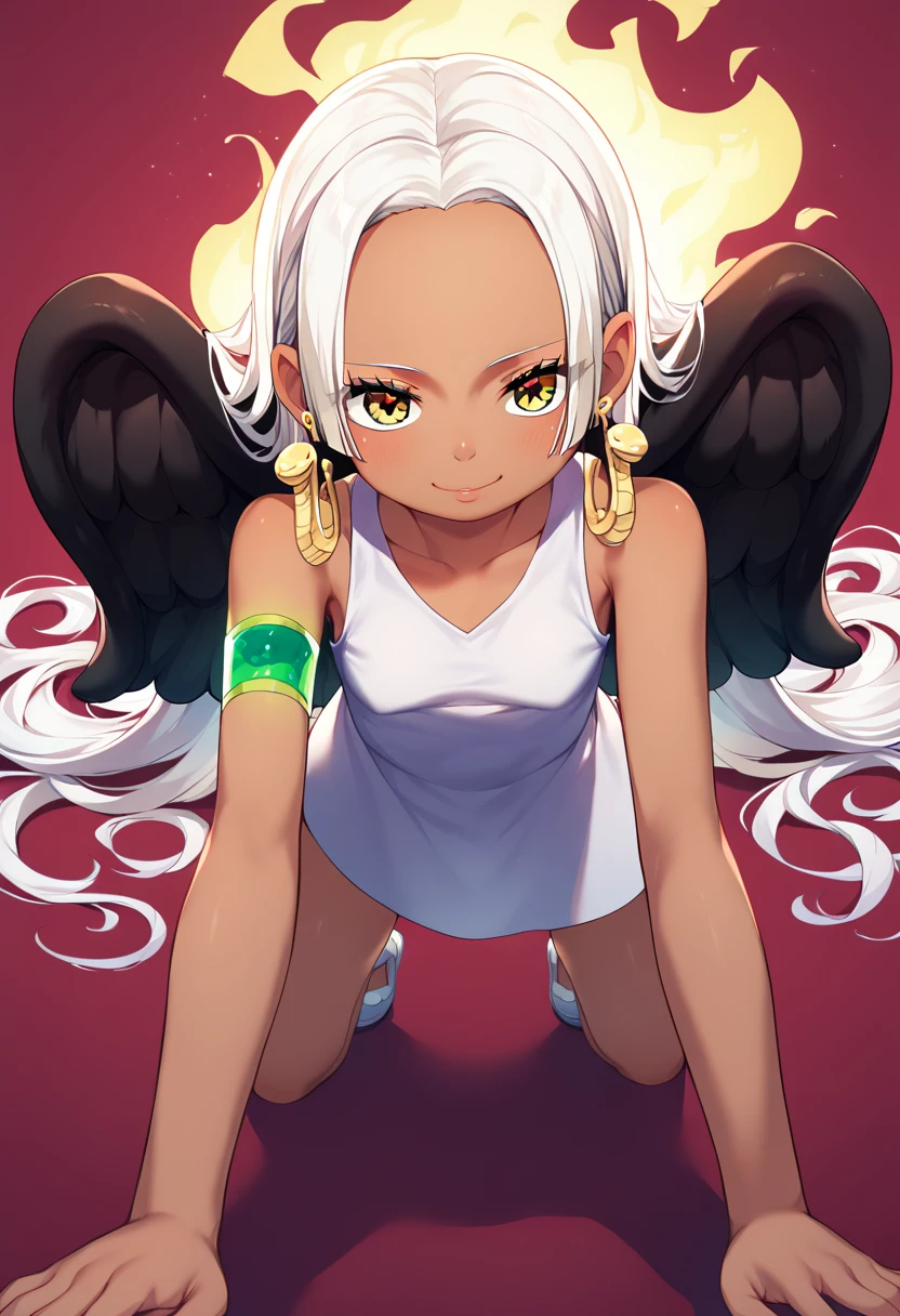 UHD, retina, textured skin, high details, high quality, best quality,  highres icon, 1080P, HD, 16k、1 Girl,Earthsnake , Long Hair, white hair, Brown Skin、,  earrings for a woman alone, Yellow Eyes, symbol-shaped pupils,  black wings  ,  small breasts.  sundress,  white dress,  sleeveless, armlet、 cute、Flames on the back、flat chest、show off pussy、show off anus、back shot、all fours