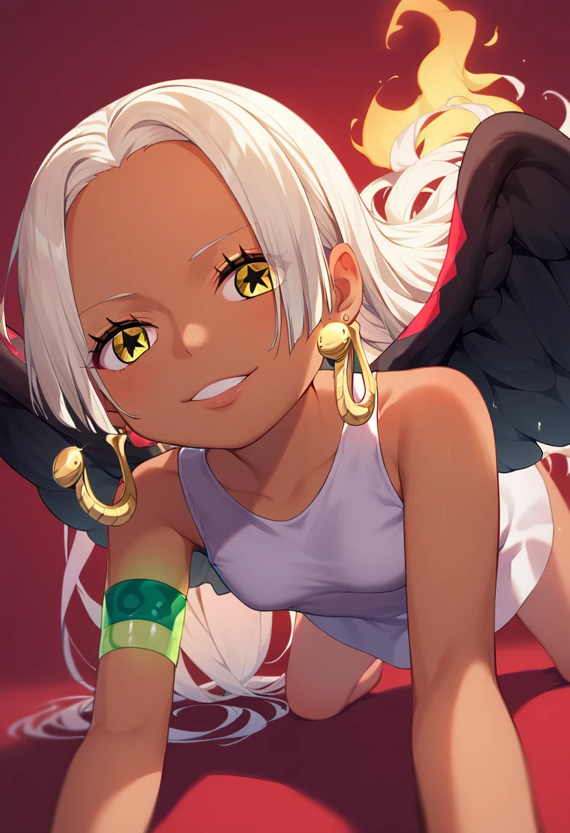 UHD, retina, textured skin, high details, high quality, best quality,  highres icon, 1080P, HD, 16k、1 Girl,Earthsnake , Long Hair, white hair, Brown Skin、,  earrings for a woman alone, Yellow Eyes, symbol-shaped pupils,  black wings  ,  small breasts.  sundress,  white dress,  sleeveless, armlet、 cute、Flames on the back、flat chest、show off pussy、show off anus、back shot、all fours