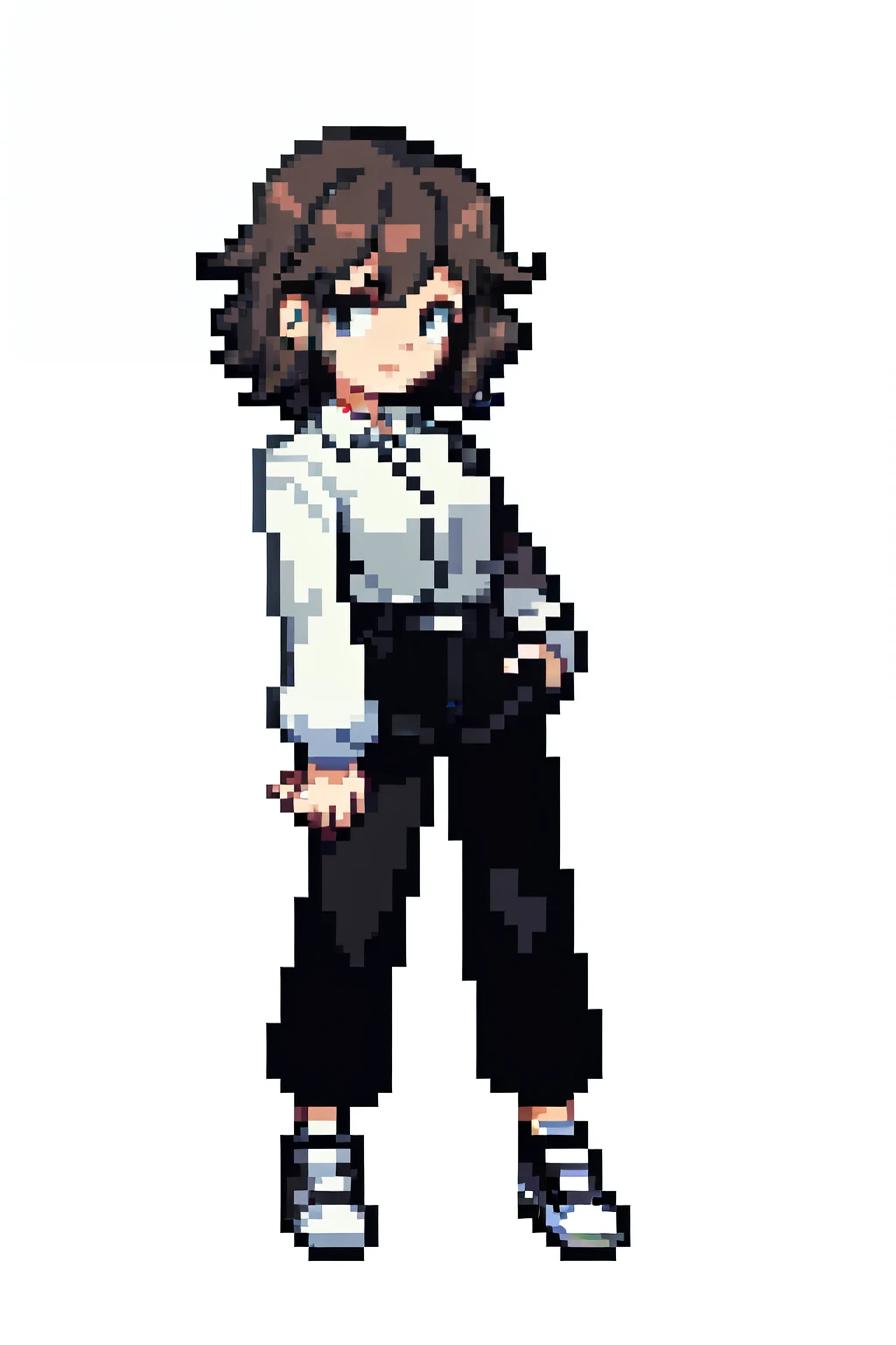 pixel art of a woman, full length, short copper hair, curly floppy haircut, black wide trousers, white blouse, converse, white background