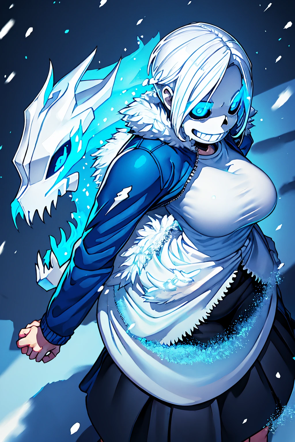 Sans Blue Jacket Black Shirt Fire Eyes Skull Smile Long Lashes White Short Hair Luminous Face Blue Dragon Skull Cannon One Person Standing In Snow Town Femininefull Super huge big breasts breast enlargement full-body shot 