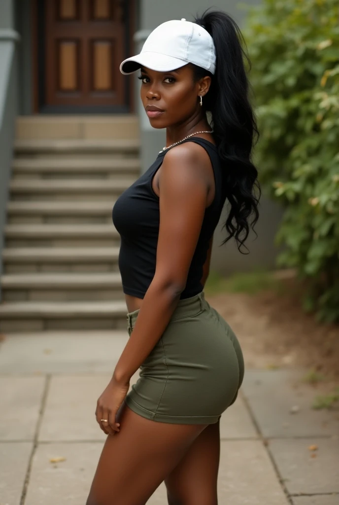 ((Dark African skin, very deep ebony skin)), ((Her beauty is undeniable)), ((cute excited face)), ((Hyper detailed perfect eyes,)), ((cute pose)), ( (Language out)), ((Attractive )), sexy, ((Tight knit shirt, sexy short shorts)), ((Afro curly african hair afro afro ponytail,)), ((skin)), (( standing, back view )), ((touching own legs in sexy pose)), ((shows her ass well)), ((outdoors, Public gardens)), Focused CGI, Fotorrealista, high detail, Realistic, Part mistress, Absurd, best quality, Hdr, High quality, High definition, extremely detailed, 8k wallpaper, Intricate details, 8K UHD, Full-HD, (Photo realistic:1.2), contrast, Strong lighting, Cinema lighting, lighting natural, hard light, backlight, global illumination, ambient occlusion, shows your ass well, perfect ass,