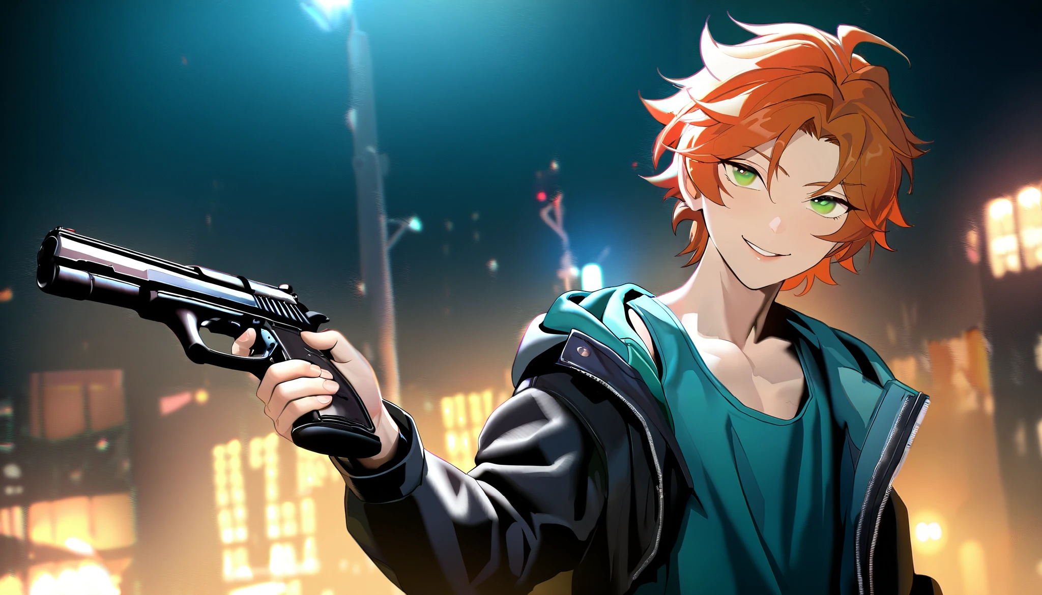 masterpiece, best quality, very aesthetic, absurdres, 1boy, aoi yuta, ensemble stars!, orange short hair, solo, smile, green eyes, tank top, jacket, city street on the background, cyberpunked, gun in hand, night, beautiful detailed eyes, beautiful detailed lips, extremely detailed eyes and face, 4k, 8k, highres, realistic, photorealistic, ultra-detailed, sharp focus, vivid colors, studio lighting, physically-based rendering, professional, tokyo