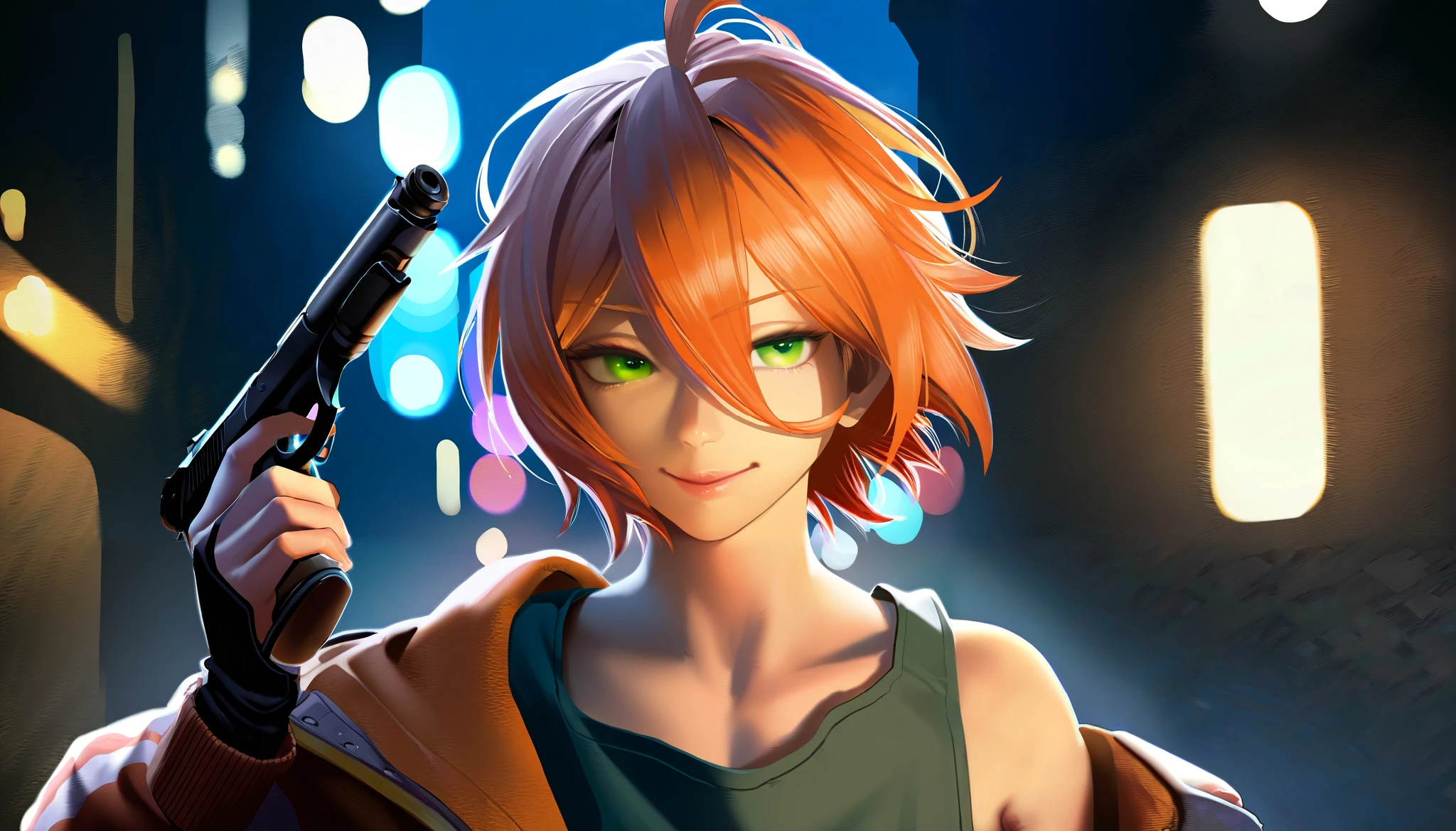 masterpiece, best quality, very aesthetic, absurdres, 1boy, aoi yuta, ensemble stars!, orange short hair, solo, smile, green eyes, tank top, jacket, city street on the background, cyberpunked, gun in hand, night, beautiful detailed eyes, beautiful detailed lips, extremely detailed eyes and face, 4k, 8k, highres, realistic, photorealistic, ultra-detailed, sharp focus, vivid colors, studio lighting, physically-based rendering, professional, tokyo