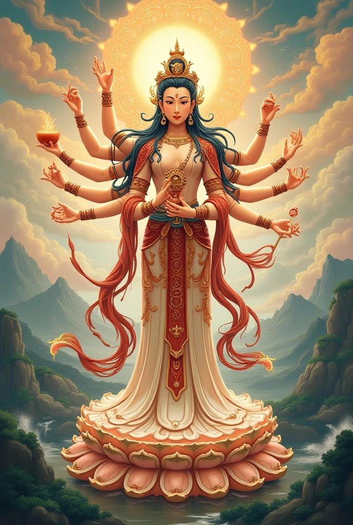 The concept of "Thousand Hands and Thousand Eyes" often refers to Avalokiteshvara, the Bodhisattva of Compassion in Mah Buddhism, who is sometimes depicted with many arms and eyes. This imagery symbolizes the ability to see and respond to the suffering of all beings. Each hand may hold different objects, including symbolic weapons or tools, representing the various means of helping others and protecting them from harm.
