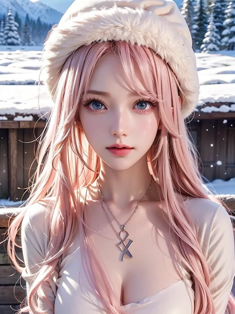 Light pink hair、masterpiece、Best Quality、 Hi-Res、 VERY DETAILED PICTURES、 professional lighting with falling leaves、(((Tops)))、 bangs between eyes 、Hair above the eyes、片Hair above the eyes、Medium face 、 poses、Portraiture、Bright expression、like々White, radiant skin、Great looks、Light pink hair、眩しいハイライトが入ったLight pink hair、Bright and shiny hair,、 long straight hair 、Beautiful sparkling bangs、 sparkling 、Clear、 charming big blue eyes 、 so beautiful, Lovely and cute girl,  watch the audience , Laughter, ( winter mountain style combined with a warm down jacket and knitted hat), Majestic mountain ranges covered in pure white snow