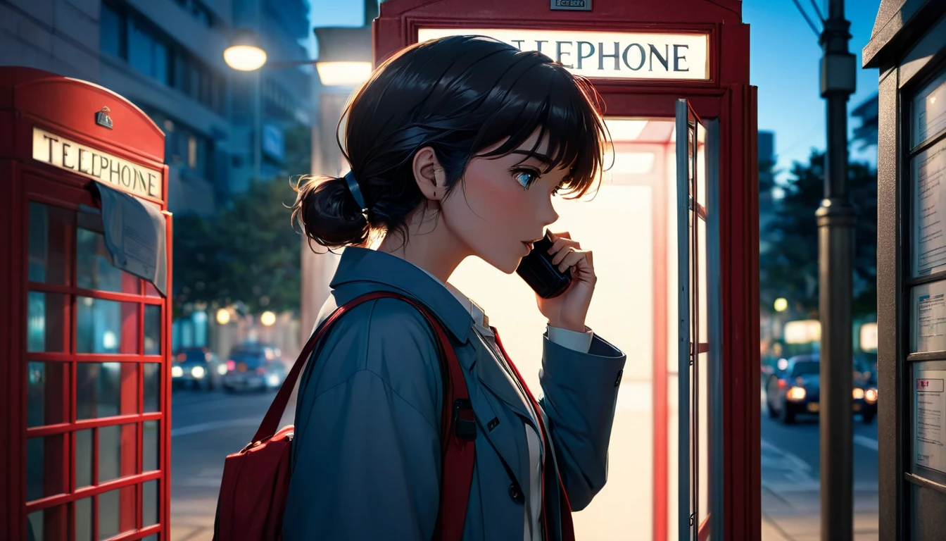 Early morning, Telephone, phone booth, 1 jakker phone speaking, standing position,Anime, Cinematic Lighting, 