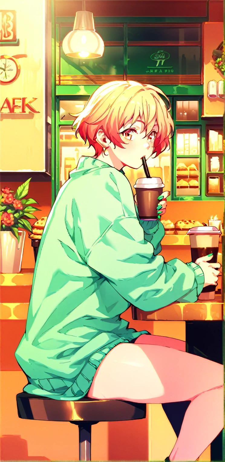 A girl sitting in a coffee shop,  short hair is black, king, attending.