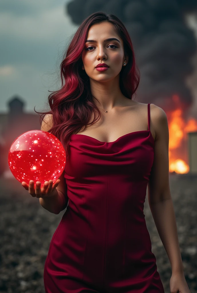 a woman with scarlet red hair wearing a tight-fitting scarlet outfit, angry face, dynamic pose, standing in the midst of a war-torn battlefield, holding a glowing red orb in her hand, dark clouds and explosions in the background, dramatic lighting, cinematic composition, hyper-realistic, octane render, 8k, photorealistic, masterpiece