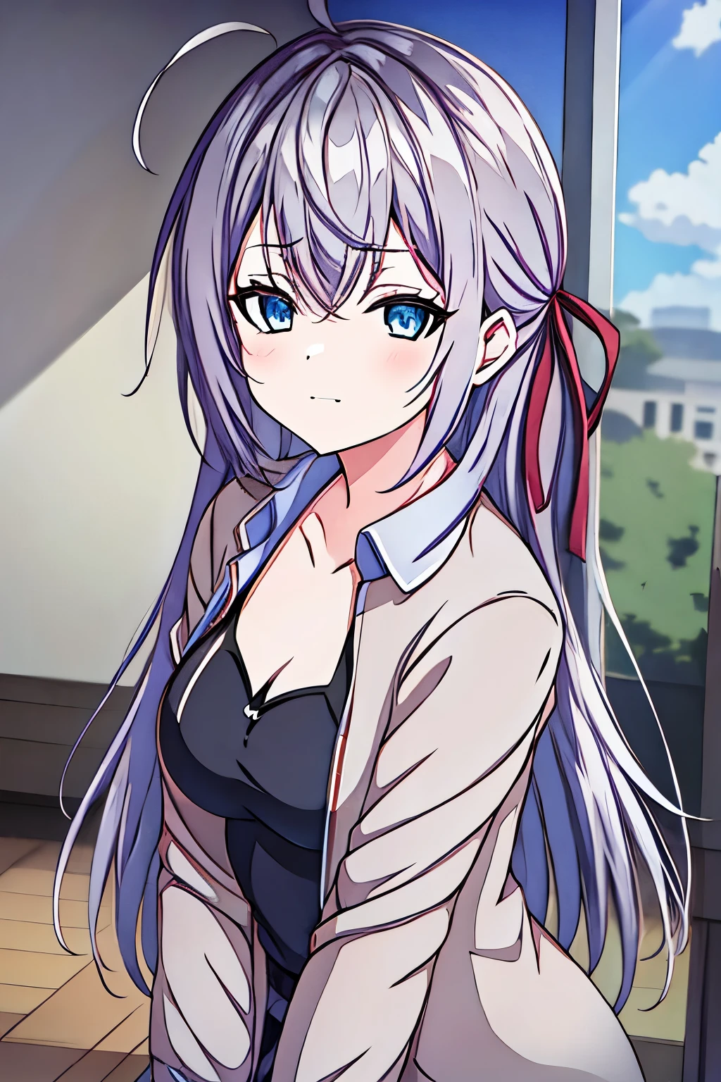 1girl, alya, roshidere, anime style,grey hair, long hair, ahoge, hair ribbon, blue eyes, ,  open shirt showing bra.