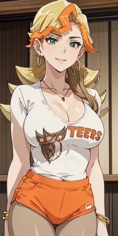 1 Female,High definition,high resolution,Ultra-realistic,8K,YokoSakaki,green eyes, long hair, blonde hair, earrings , jewelry,necklace, bracelet, large breasts,white shirt, hooters, orange shorts, pantyhose,European,sexy,Upper body close-up,Photographed from the front,Dynamic Angles, beautiful face, smiling, highly detailed, HD