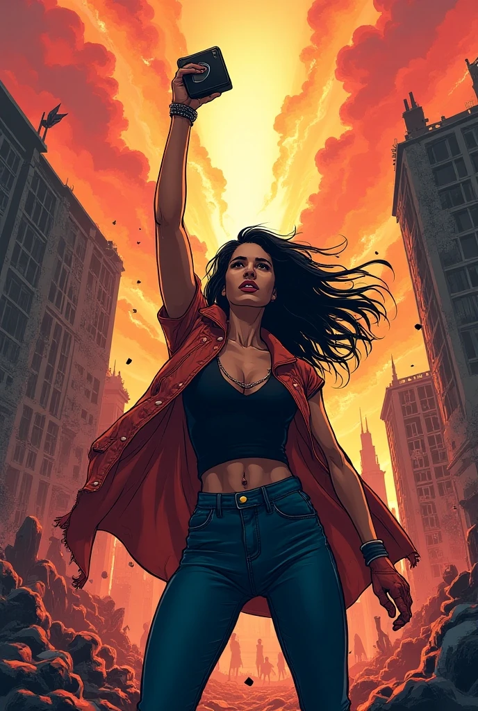 DANGER LAND - original motion picture soundtrack, horror film, A beautiful woman in the center stands in a full-body pose wearing a sexy bikini costume, holding a weapon, In the background, a cityscape bursting into flames and a group of zombies、Spooky atmosphere、soundtrack jacket、Digitally Remastered, Kinematics」, John Maggs, Roy Dargano, Movie Posters, Album cover, 1 9 7 0 sMovie Posters, Oil painting