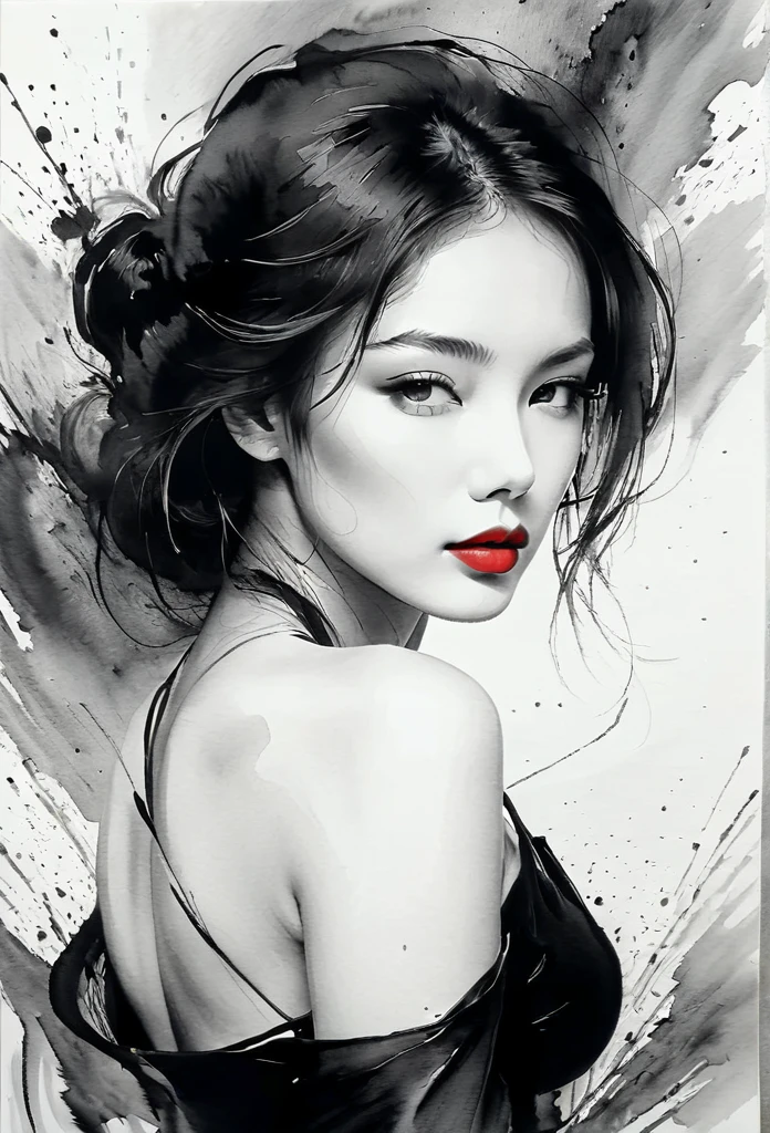 Sexy woman, black and white ink painting, pen sketch, soft brush strokes, delicate line drawing with pen, fluid action, subtle ink tones, elegant pose, peaceful expression, delicate facial features, ink, dust, wet. Black and white, only red lips, clean