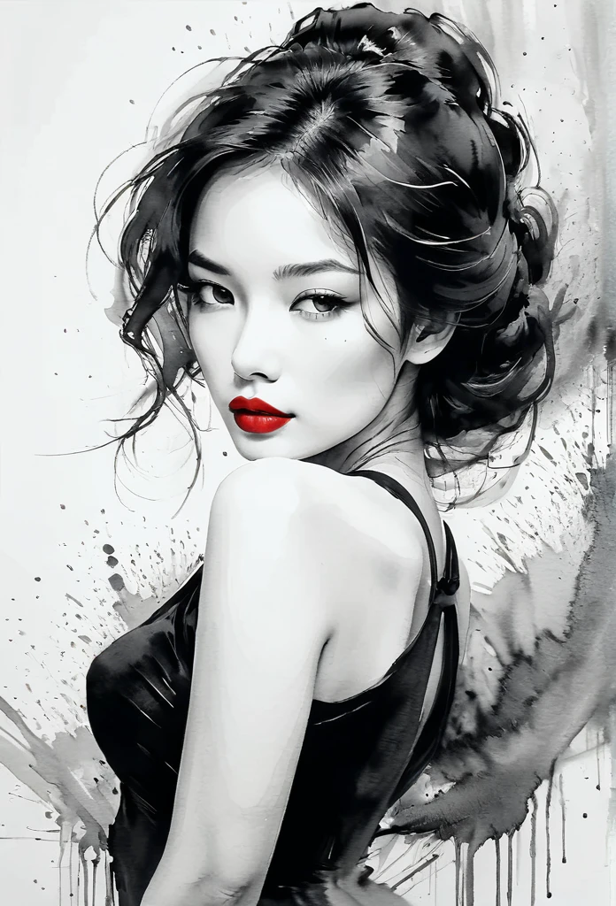 Sexy woman, black and white ink painting, pen sketch, soft brush strokes, delicate line drawing with pen, fluid action, subtle ink tones, elegant pose, peaceful expression, delicate facial features, ink, dust, wet. Black and white, only red lips, clean