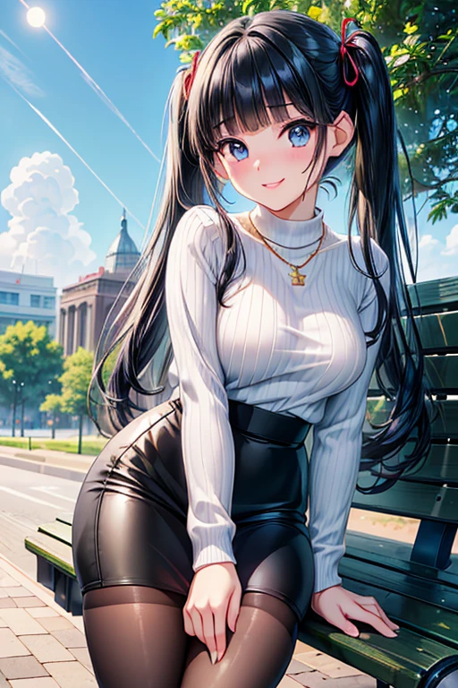  girl posing for a photo,  cute girl, (( one girl playing pranks)), ((baby face:1.4)), ((cute:1.4)), 
break 

(( white knit sweater:1.2)) + (( long sleeve )), ((shiny rubber black pencil skirt:1.2)) + (High waist), (( black pantyhose)) + ((low denier :1.2)), ( black high heels), 
((gold moon necklace )),  
break 

(( sky blue hair:1.2)), ((blunt bangs:1.4)), (( twin tails) : ( voluminous hair) + ( outbound ) + (Curly hair) + ( bind with a red string ribbon )), 
(Droopy eyes:1.4), (Big Eyes:1.4), ( blue eyes), 
(( smaller breasts)), ((Thick thighs)), 
break 

((blush:1.2)、(smile:1.4)、Open Mouth), 
((noon + blue sky, Park where sunlight shines , Sidewalk)), 
(( sit cross-legged on a bench、 extends hands)),  
(( side angle)), (( character focus )), (( cowboy shots)), 
break 

( Slim Body ), (Symmetrical facial features), 
( detailed hair), (Beautiful Hair), ( shiny hair), 
(double eyelid), ( long eyelashes ), (Thin eyebrows), 
( Sparkling Eyes), ( detailed eyes on board), ( beautiful eyes), ( perfect eyes), (Shining Eyes),  
((Human Ear)), 
(Beautiful Nose), (Thin Nose), 
( glossy lips ), ( beautiful lips), (Thick lips), 
#(Detailed skin), ( fine skin), ( beautiful skin ), ( oily skin ),  
break 

(((Best Quality)), ((masterpiece:1.3)), (( very detailed))), (( super high definition)), ((16k)), ((1080P)), ((Full HD)), 
( anatomically correct), ((Realistic)), (3DCG), ((oil)), 
((anime)), ((photorealistic)), (CG illustration), ( RAW Photos), 
