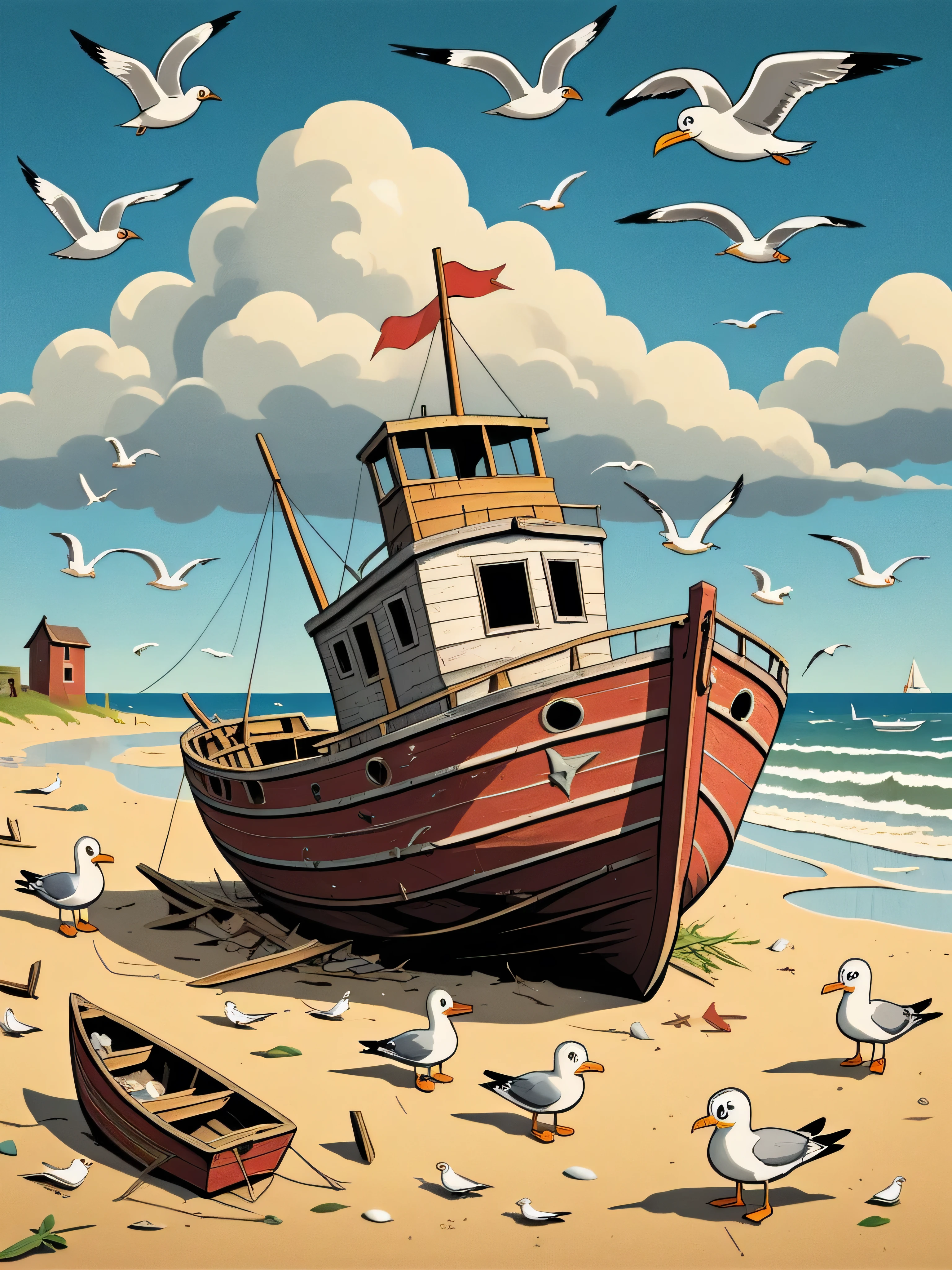 (old cartoon illustration) of 
an old abandoned boat on the beach and surrounded by seagulls and stash, storm and clouds
rubber_hose_character,
 