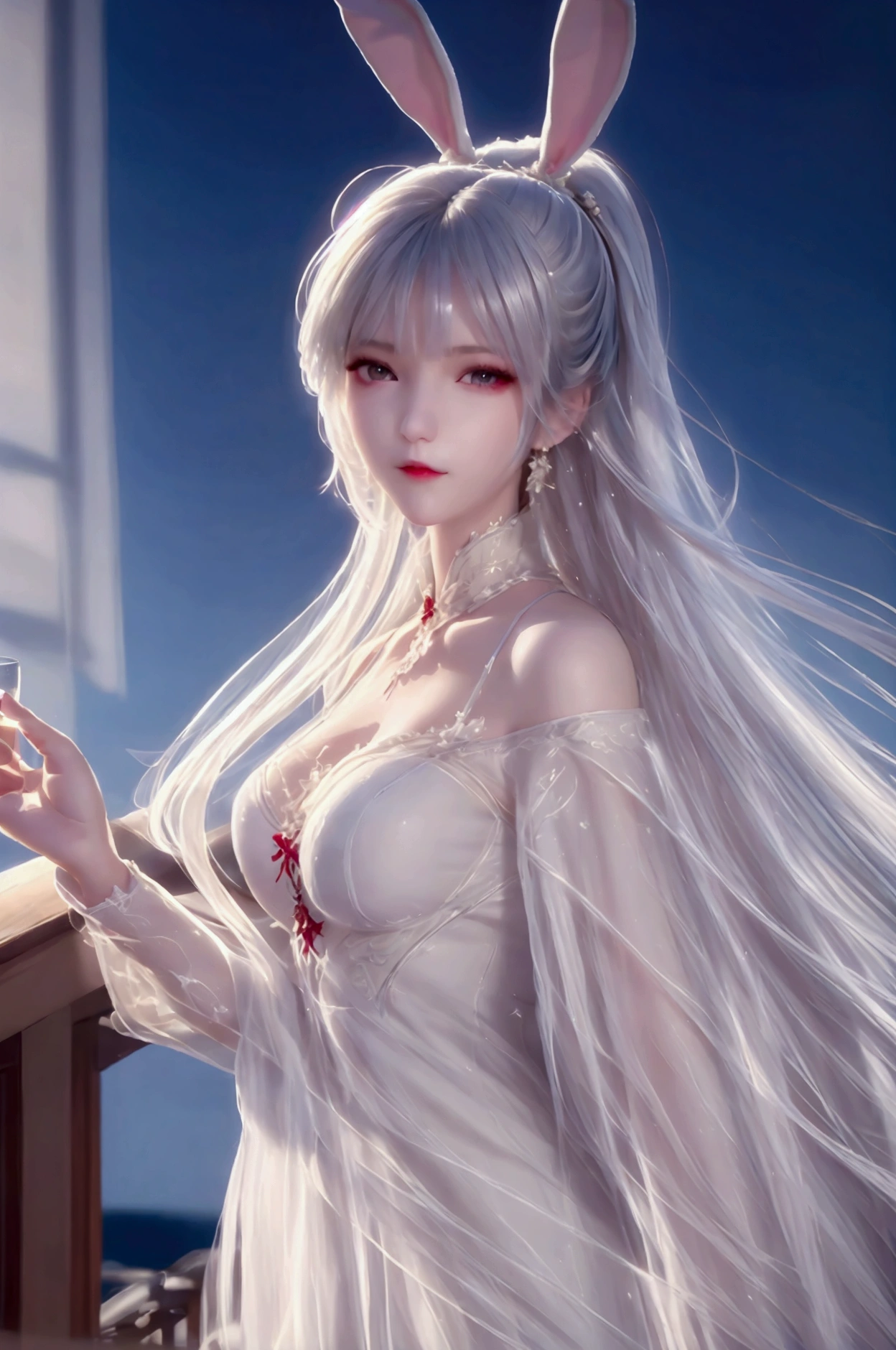 precise,  high detail ,  Very Detailed , night， on the balcony of the European palace bed，Women, Rabbit Ears， Bangs, long white hair, Smile, wearing a European white lingerie dress ， Textured Skin ,  leaning against the balcony ，Handmade wine glass ， looking at people 