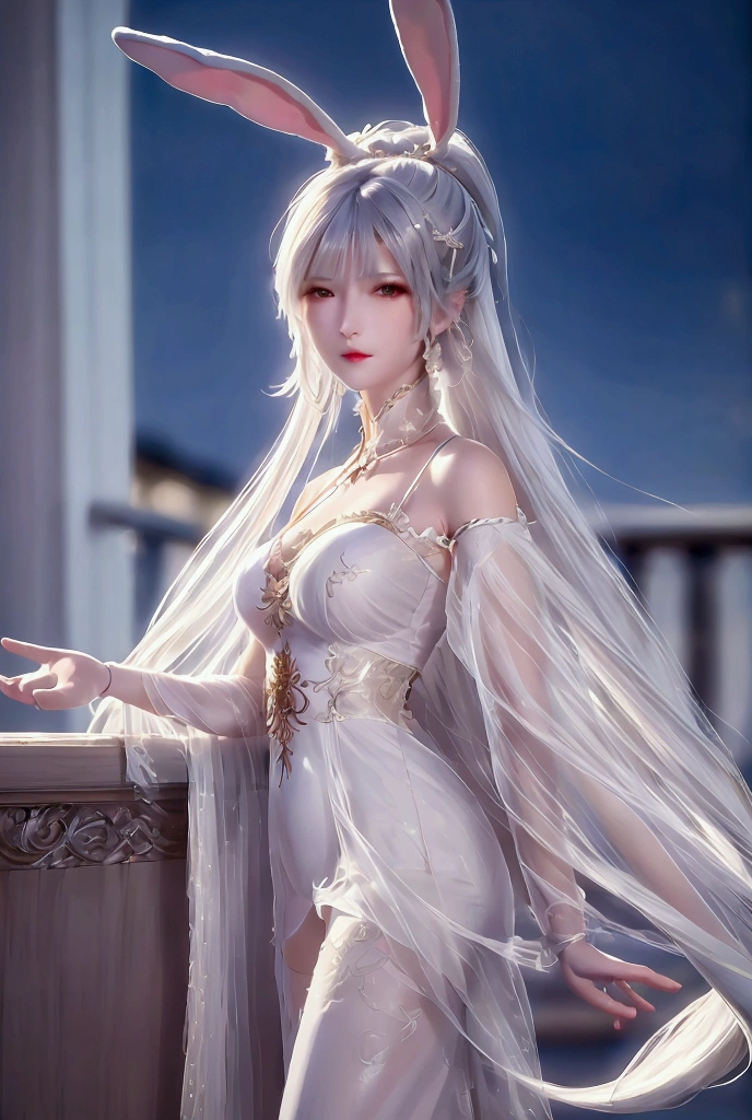 precise,  high detail ,  Very Detailed , night， on the balcony of the European palace bed，Women, Rabbit Ears， Bangs, long white hair, Smile, wearing a European white lingerie dress ， Textured Skin ,  leaning against the balcony ，Handmade wine glass ， looking at people 