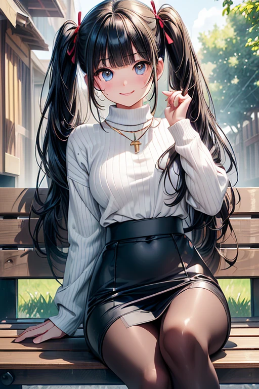  girl posing for a photo,  cute girl, (( one girl playing pranks)), ((baby face:1.4)), ((cute:1.4)), 
break 

(( white knit sweater:1.2)) + (( long sleeve )), ((shiny rubber black pencil skirt:1.2)) + (High waist), (( black pantyhose)) + ((low denier :1.2)), ( black high heels), 
((gold moon necklace )),  
break 

(( sky blue hair:1.2)), ((blunt bangs:1.4)), (( twin tails) : ( voluminous hair) + ( outbound ) + (Curly hair) + ( bind with a red string ribbon )), 
(Droopy eyes:1.4), (Big Eyes:1.4), ( blue eyes), 
(( smaller breasts)), ((Thick thighs)), 
break 

((blush:1.2)、(smile:1.4)、Open Mouth), 
((noon + blue sky, Park where sunlight shines , Sidewalk)), 
(( sit cross-legged on a bench、 extends hands)),  
(( Angle from Below )), (( character focus )), (( cowboy shots)), 
break 

( Slim Body ), (Symmetrical facial features), 
( detailed hair), (Beautiful Hair), ( shiny hair), 
(double eyelid), ( long eyelashes ), (Thin eyebrows), 
( Sparkling Eyes), ( detailed eyes on board), ( beautiful eyes), ( perfect eyes), (Shining Eyes),  
((Human Ear)), 
(Beautiful Nose), (Thin Nose), 
( glossy lips ), ( beautiful lips), (Thick lips), 
#(Detailed skin), ( fine skin), ( beautiful skin ), ( oily skin ),  
break 

(((Best Quality)), ((masterpiece:1.3)), (( very detailed))), (( super high definition)), ((16k)), ((1080P)), ((Full HD)), 
( anatomically correct), ((Realistic)), (3DCG), ((oil)), 
((anime)), ((photorealistic)), (CG illustration), ( RAW Photos), 
