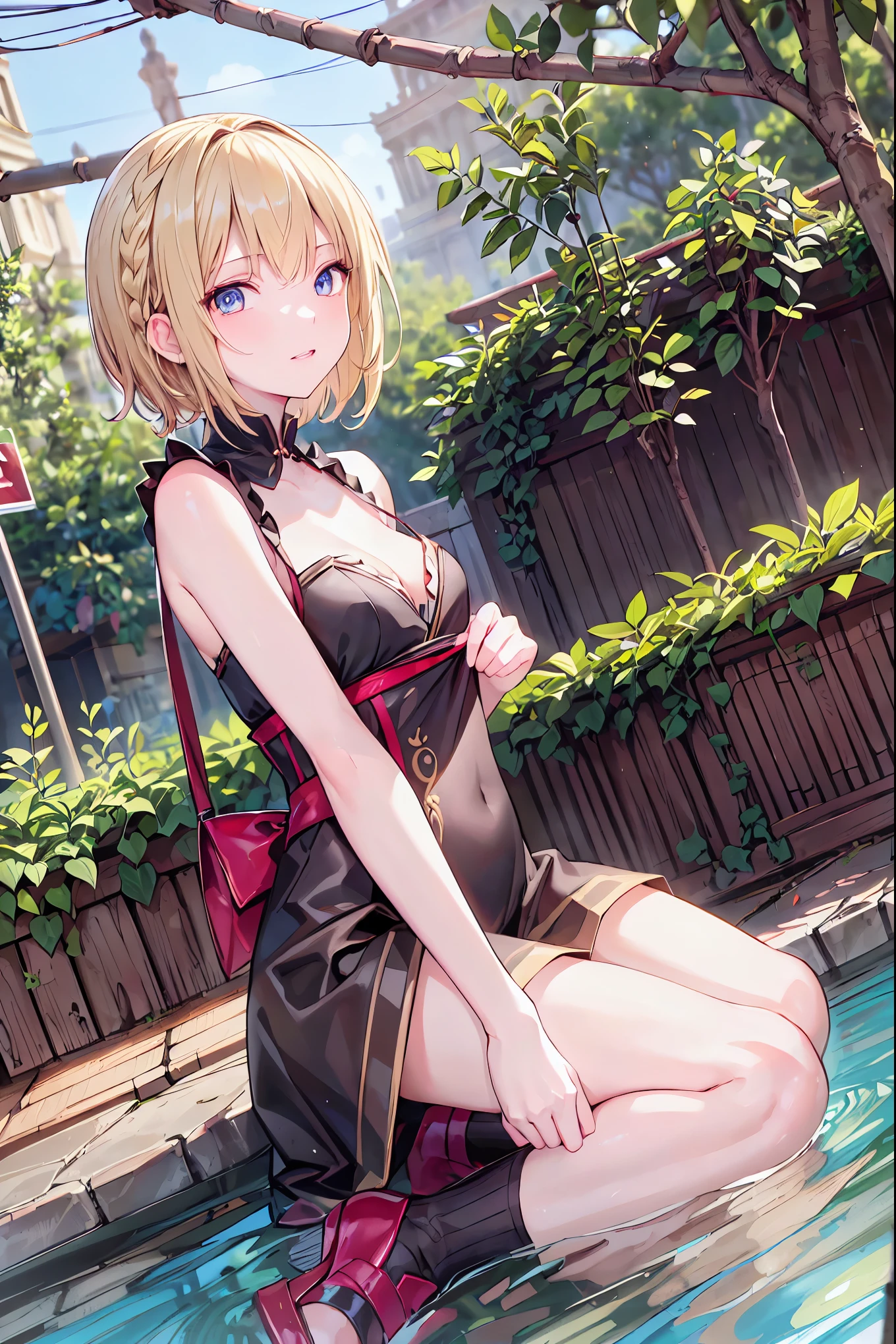 highest quality、Masterpiece、wear a sexy、Red eyes、Wearing a black aura、Staring blankly at the audience、Best Images、Tabletop、Cross Earrings、Beautiful woman、Sexy Dress、