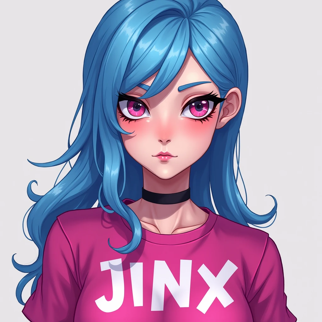  anime girl with blue hair and pink top with the word JINX, (( Jinx from League of Legends )),hair braided in 2 braids , portrait of   smooths out the secret  ,  gouwey-style illustration ,   smooths out the secret  , Jinx Face , 2d art cover, Deviantart ArtStation,  evil eye expression , 2 d art , 2d art, ArtStation,  secret curse 