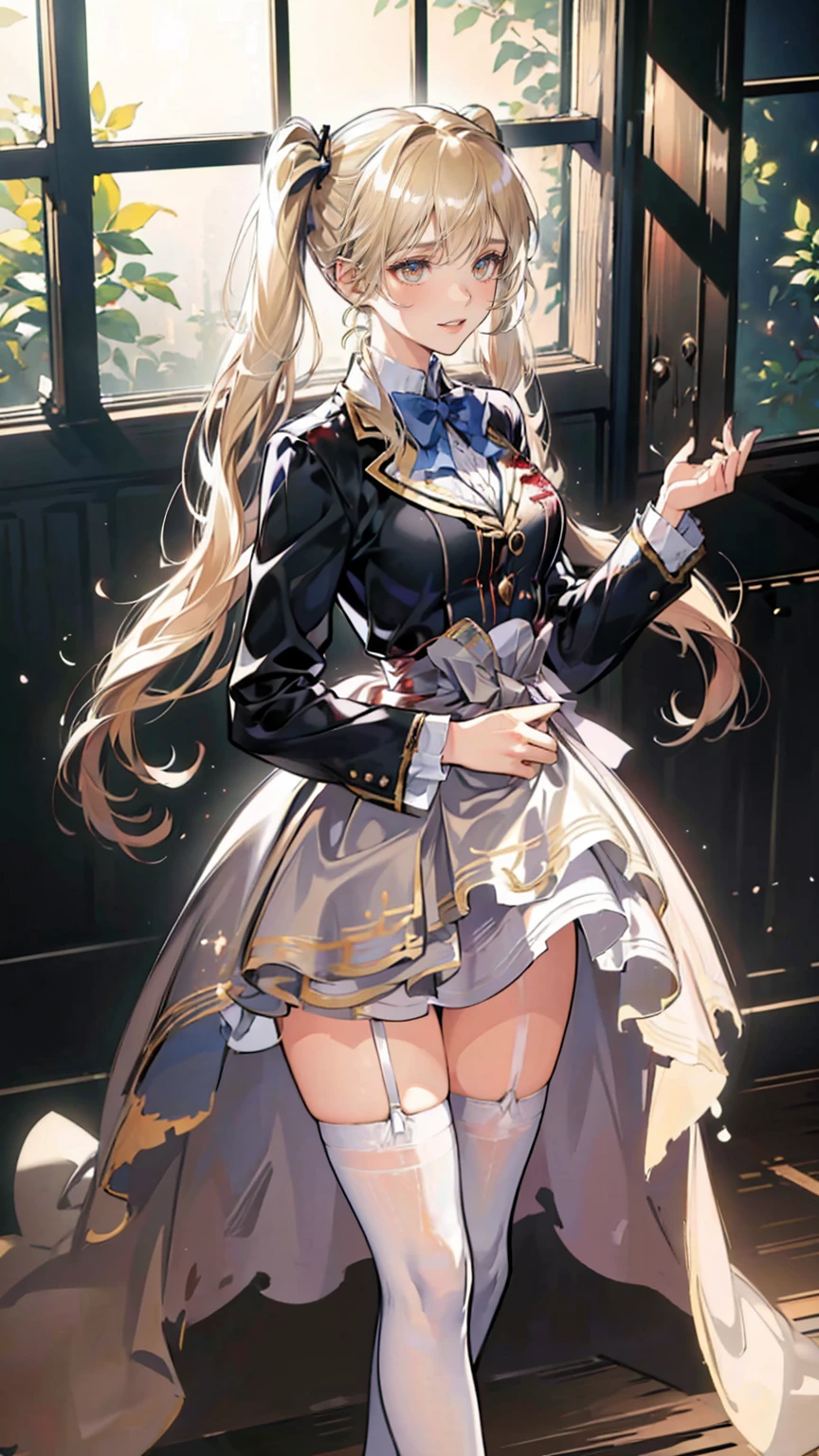 (((​masterpiece)))、((top-quality))、(The ultra-detailliert)、(CG Illustration)、(Very Beautiful Little Girl))、Cinematic Light、((1 Mechanical Girl))、 scientific fiction、Apocalypse、Erotic grotesque、research institute(Beautiful and indulgent:1.2)、(1girl in:1.3)、Facing the front,a blond,Corset Belt,blue high waist skirt,