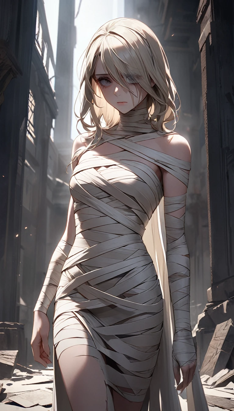 Perfect Mummy , Bandage Dress, Cinematic production, Lifeless eyes, Transparent naked eye ,  The Aesthetic Expression of Silence and Sadness, supergirl