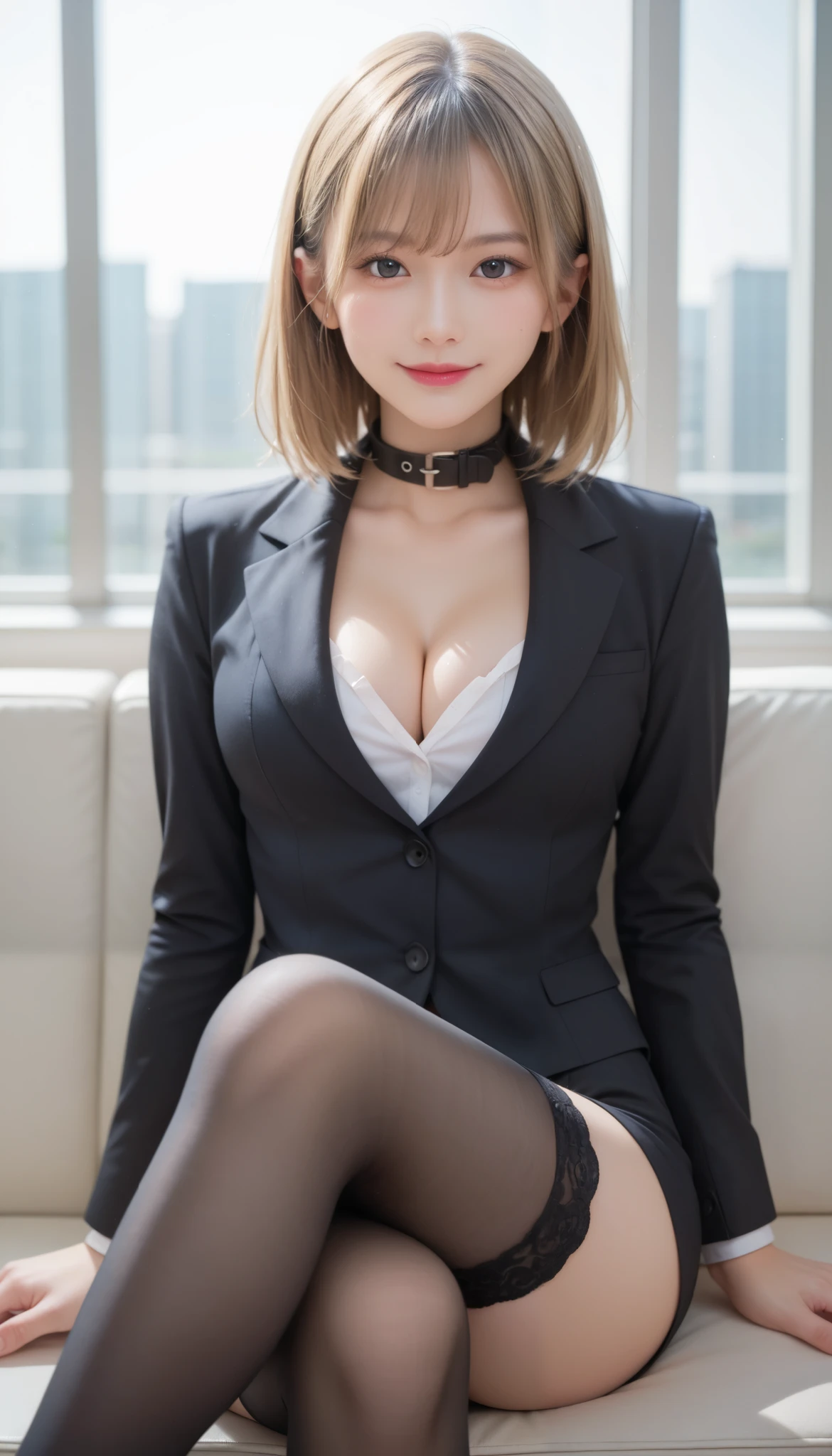 score_9,score_8_up,score_7_up,ultra detailed,absolutely resolution, 32k,masterpiece,best quality,ultra HD quality,detailed beautiful face and eyes,Japanese beautiful girl,blonde hair,medium hair,Smile,collar,wet between legs,Black Business suit,tight skirt,reclining,stockings crossed legs,large breast,cleavage,from pov,looking at viewer