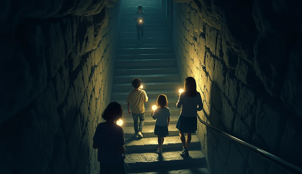 A shadowy figure chasing a group of boys through the dark corridors of a haunted palace.
