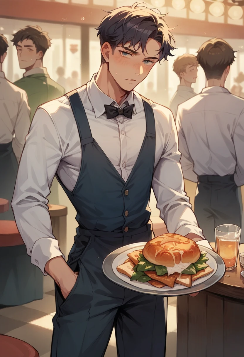 score_9, score_8_up, score_7_up, score_6_up, score_5_up, score_4_up, 1 male, chiseled face, tall, (black hair), short hair, crisp eyebrows, Get drunk, get flippant, smile, luxury suit, fine luxury watch, fine champagne in hand, Exclusive clubs, VIP rooms, leather sofas, chandeliers, fine champagne, fine food,At other tables, people in glamorous attire were chatting happily