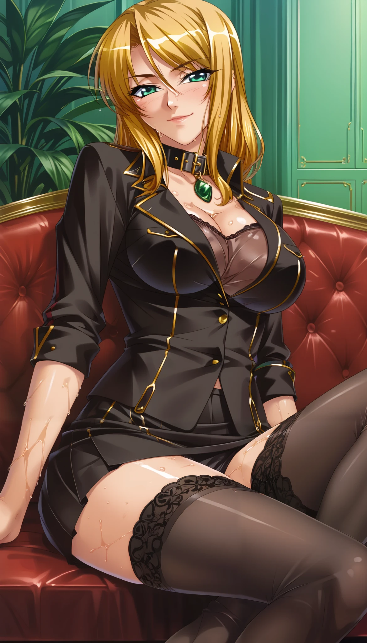 score_9,score_8_up,score_7_up,ultra detailed,absolutely resolution, 32k,masterpiece,best quality,ultra HD quality,detailed beautiful face and eyes, Kagami Hirotaka, beautiful girl,blonde hair,medium hair,Smile,collar,wet between legs,Black Business suit,tight skirt,reclining,stockings crossed legs,large breast,cleavage,from pov,looking at viewer