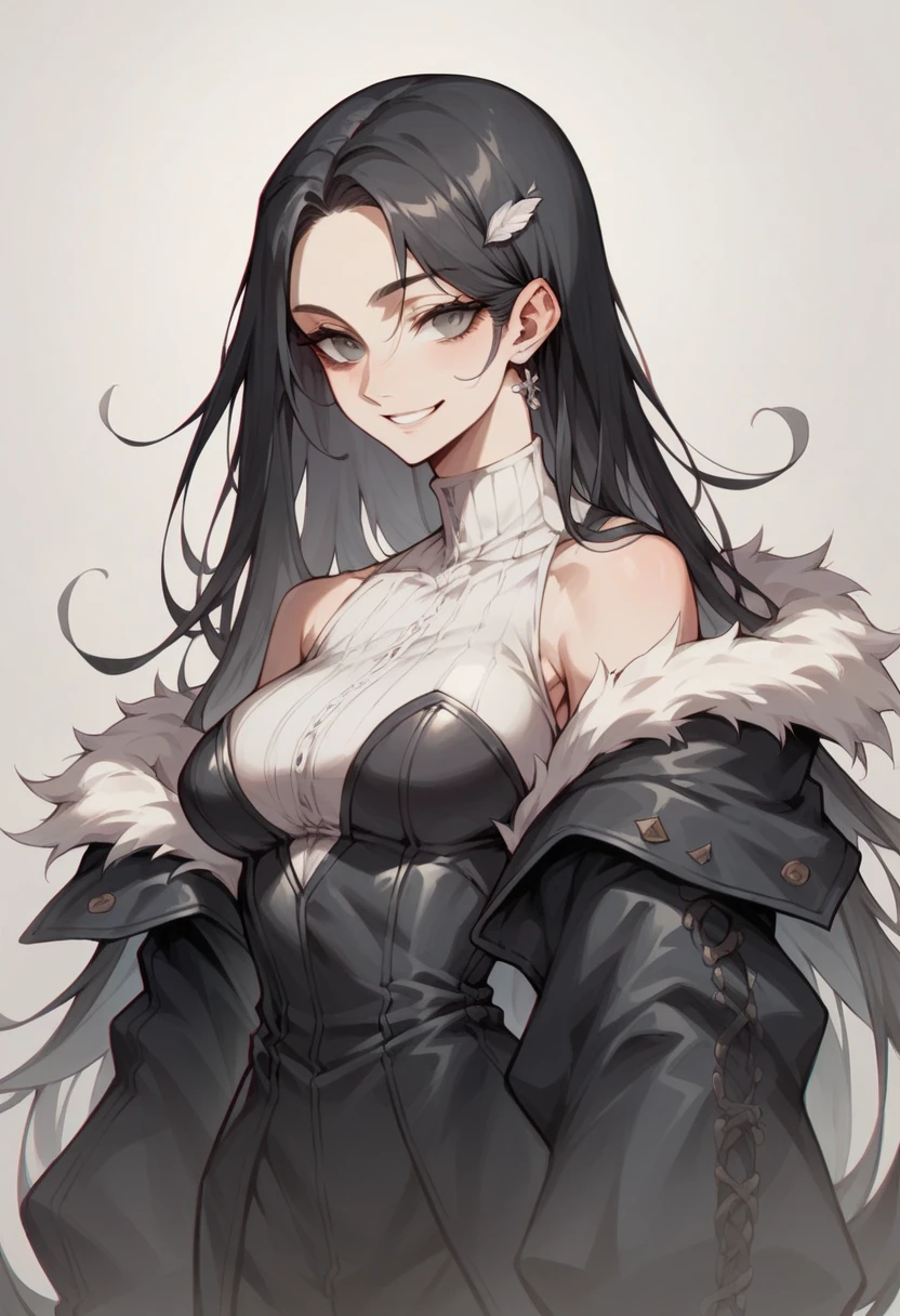 (score_9, score_8_up, score_7_up,), (adult, tall, seductive expression, seductive face), close up face, long straight black hair, blunt bangs big lips, fangs, hot breath, blue eyes, black hair, wolf ears, lipstick, muscular, long fur trim coat, huge breasts, push up corset, collar, nyantcha style, source_anime, rating_explicit