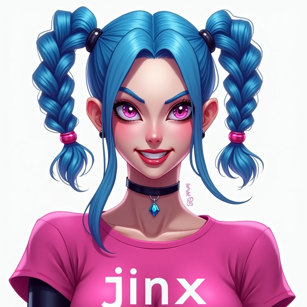  anime girl with blue hair and pink top with the word JINX, (( Jinx from League of Legends )),hair braided in 2 braids , portrait of   smooths out the secret  ,  gouwey-style illustration ,   smooths out the secret  , Jinx Face , 2d art cover, Deviantart ArtStation,  evil eye expression , 2 d art , 2d art, ArtStation,  secret curse 