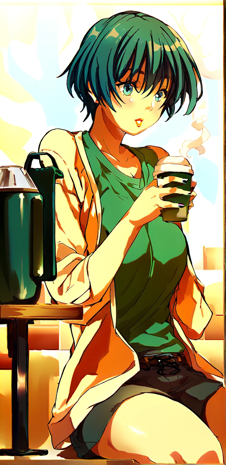 A girl sitting in a coffee shop,  short hair is black, king, attending.