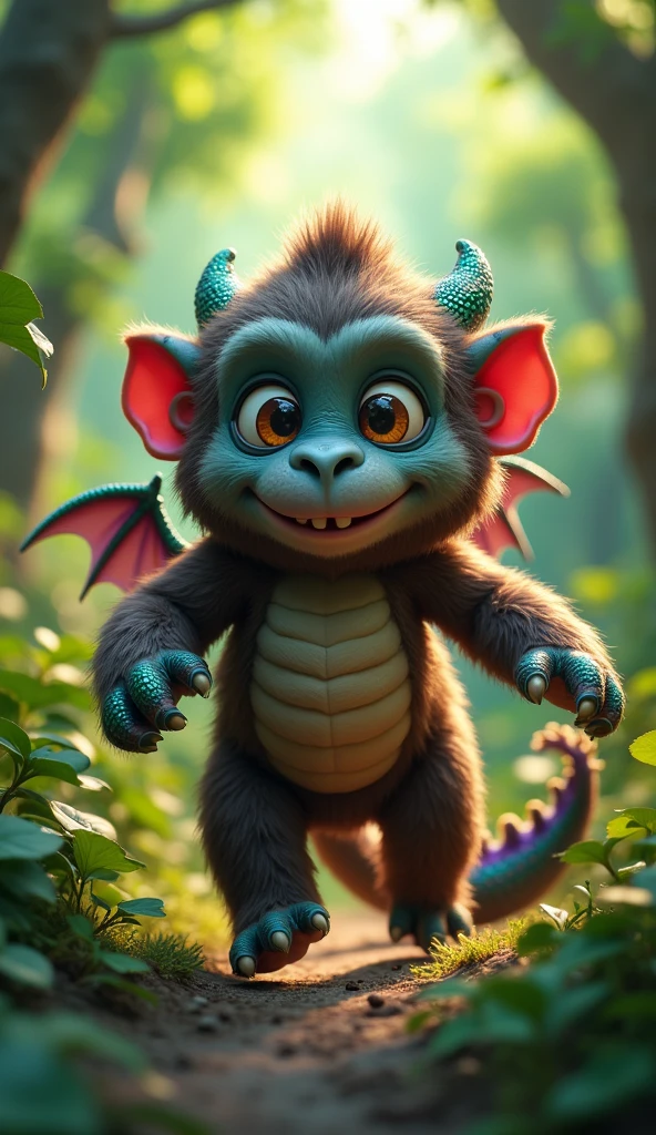 cute monster, expressive bright big eyes, red hair, muscular gorilla body from the groin up, unicorn horn, centipede body from the groin down, human face with fish features, blue medium hair, pinky skin, butterfly wings, spider legs, in an enchanted forest, with morning sun shining in the sky.