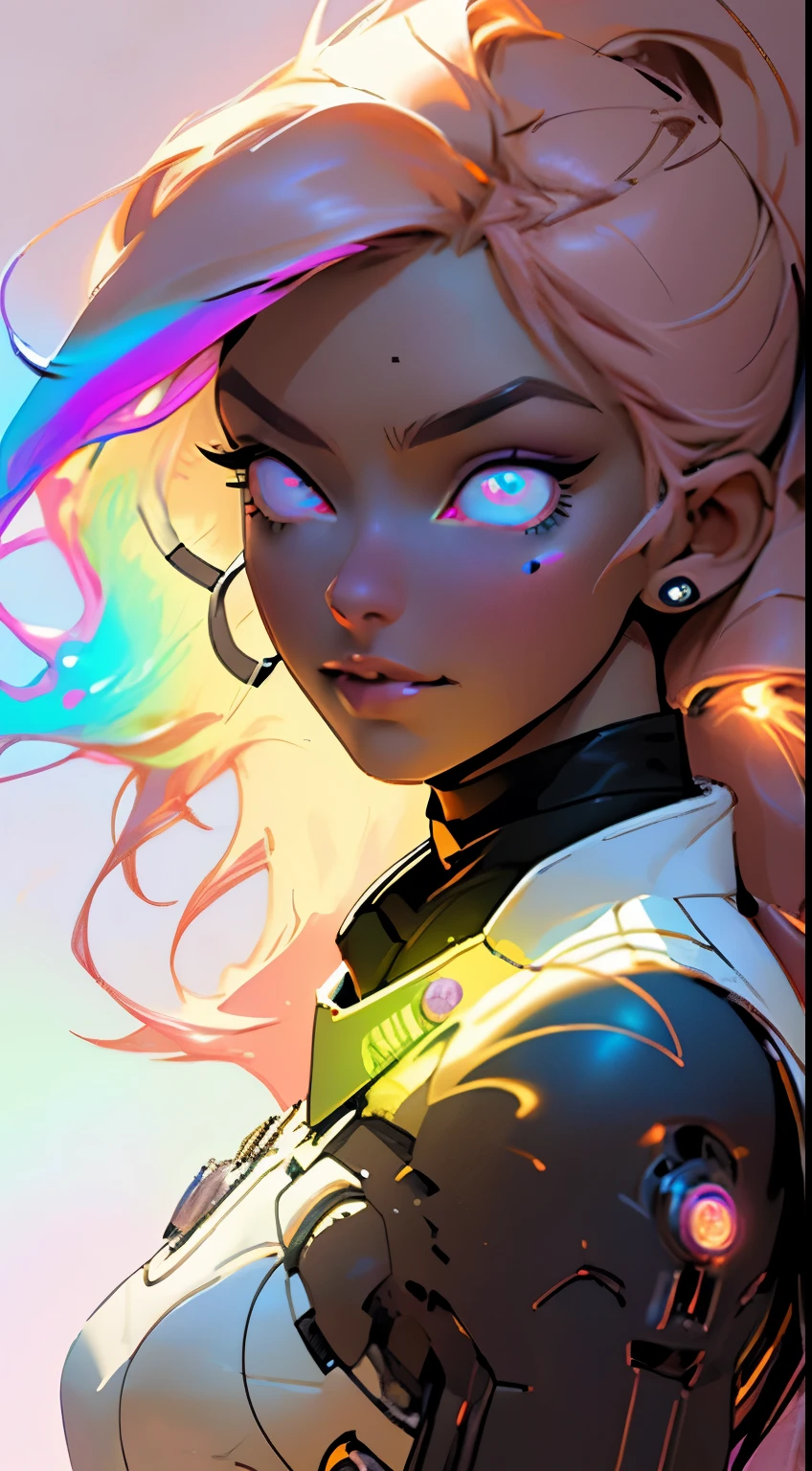 8k quality, ultra detailed, galaxy background effects, 1girl, rainbow color hair, glowing eyes