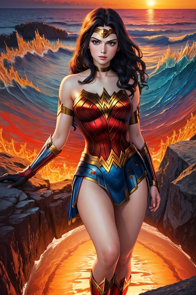 (masterpiece, Best Quality, Best Quality,  OFFICIAL ART,  Beautiful and Artistic :1.2), 1 girl,Alone, Wonder Woman, Extremely detailed,( colorful :1.3),Highest detail,sunset,sea,( Fractal Art:1.3),Black Widow,